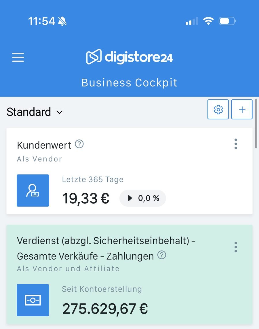 Digistore24 Business Cockpit mit 275.629,67 € Verdienst seit Kontoerstellung
