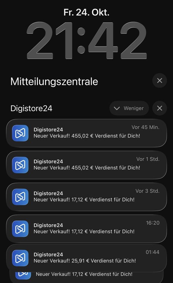 Digistore24-Benachrichtigungen über neue Verkäufe am Abend