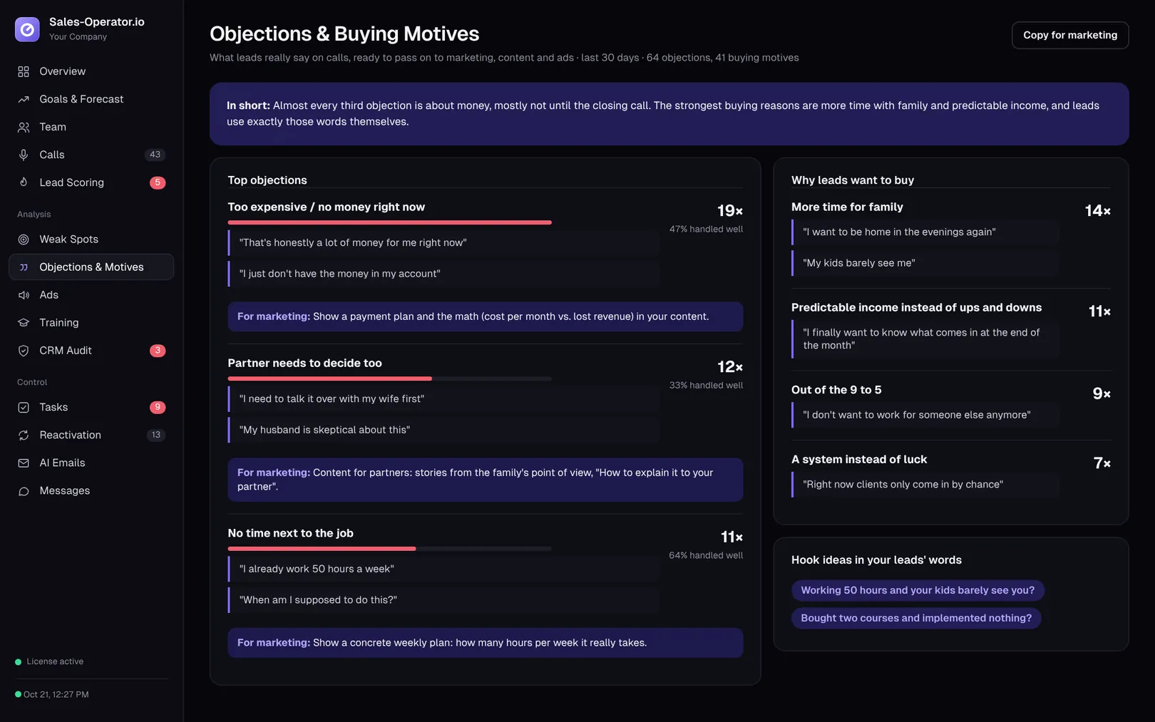 Objections and buying motives from calls with notes for marketing
